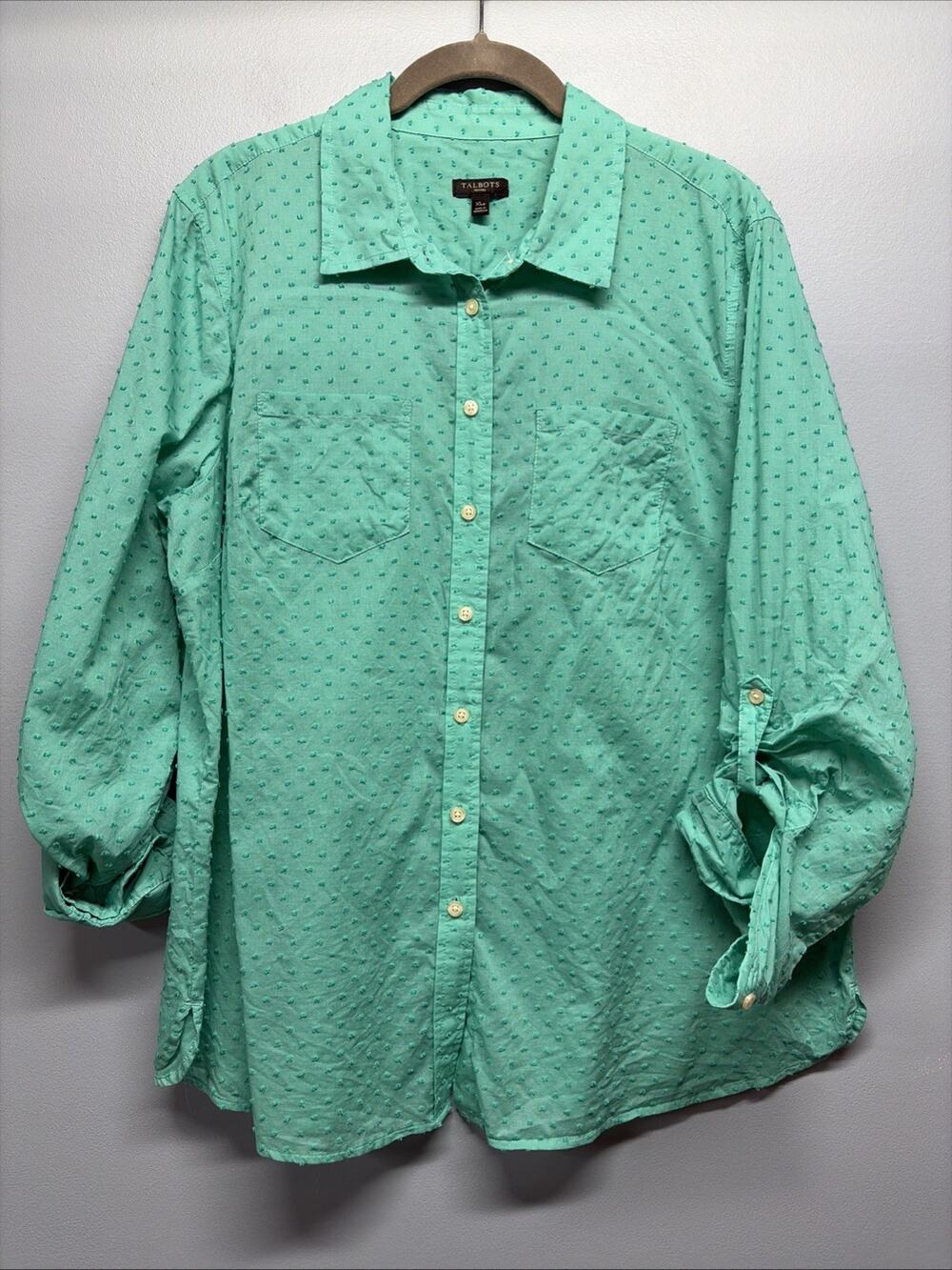 Talbots Women’s XL Petite Aqua Swiss Dot Button-up Blouse - Long Sleeve Roll-tab